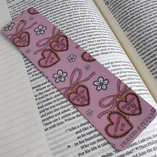 Pink Daughter of the King Christian aluminum bookmark with coquette bow and heart lockets featuring 2 Corinthians 6:18 scripture design